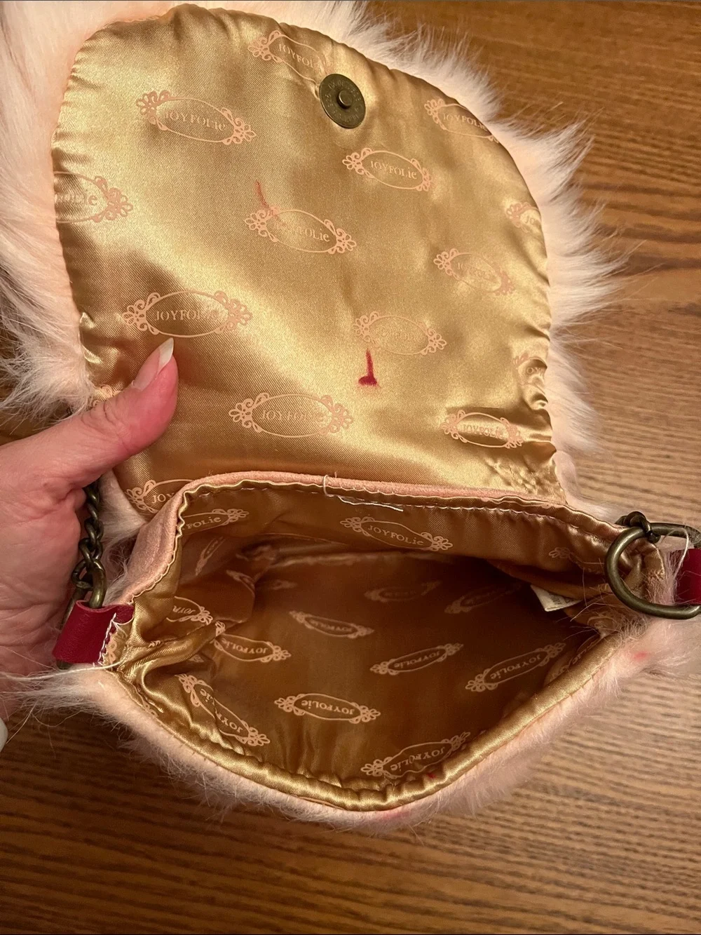 Joyfolie Pink Faux Fur Crossbody Bag with Red Accent Charm